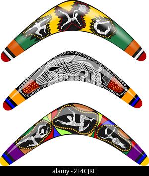 Set Vektor-Illustration australischen hölzernen Bumerang. Cartoon Bumerang auf weißem Hintergrund. Farbige Bumerang mit primitiven Menschen. Stock-Vektor Stock Vektor