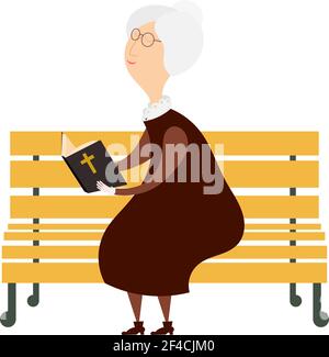 Ehrwürdige alte Frau auf einer Parkbank, die eine bibel liest. Das Symbol für Alter und Religiosität. Vektorgrafik für Aktien Stock Vektor