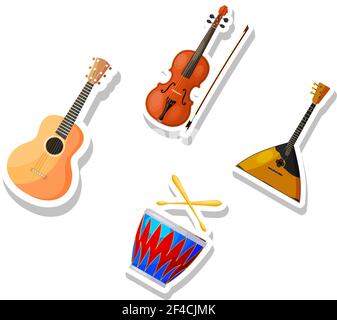 Satz von Farbvektor Cartoon Musikinstrumente auf einem weißen Hintergrund. Aufkleber Musikinstrumente Gitarre, Violine, Trommel, Balalaika. Vektorgrafik für Aktien Stock Vektor