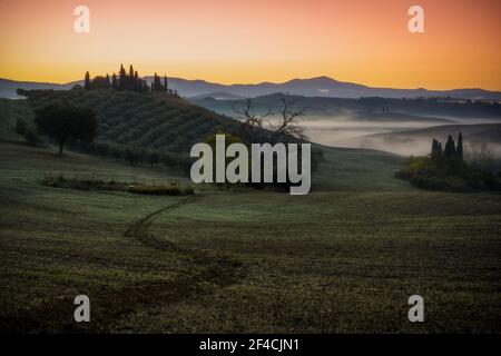 Belvedere Bauernhaus. Orcia Valley, Siena Bezirk, Toskana, Italien, Europa. Stockfoto