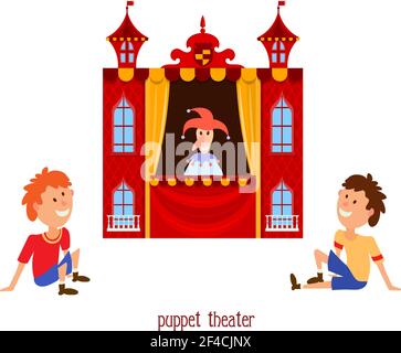 Puppentheater. Illustration von Kinder&rsquo;s Puppentheater mit einer Puppe Clown und Kind auf einem weißen Hintergrund sitzen. Cartoon Vektor ein Puppentheater mit jungen Zuschauern Stock Vektor