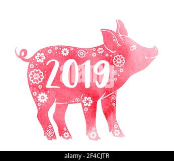 Niedliches Schwein Symbol des chinesischen Tierkreises für 2019 neues Jahr. Rosa Aquarell Silhouette von Schwein und Schriftzug. Handgezeichnete Vektorgrafik Stock Vektor