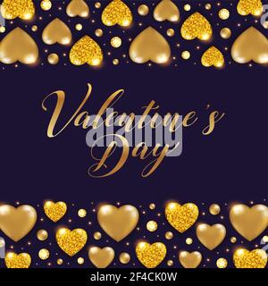 Dekorative Valentine Hintergrund mit Goldglänzenden funkelnden Herzen und Edelsteine. Vector Illustration. Stock Vektor