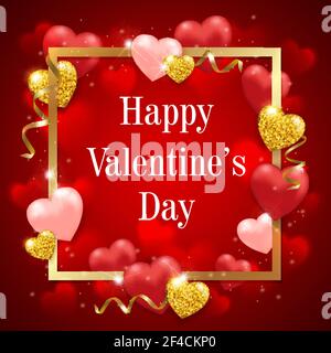 Dekorative festliche Hintergrund für Valentine&rsquo;s Tag mit roten Herzen Ballons und goldenen Rahmen. Vektorgrafik. Stock Vektor