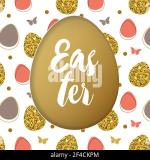 Dekorative, aus Papier geschnittene grüne Osterkarte mit goldenen und rosa Eiern auf weißem Hintergrund. Vektorgrafik. Stock Vektor