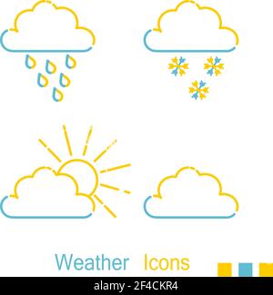 Farbliche meteorologische Ikonen mit Sonne, Regen und Schnee im linearen Stil. Zeilensymbol. Isoliert auf weißem Hintergrund. Vektorgrafik. Stock Vektor