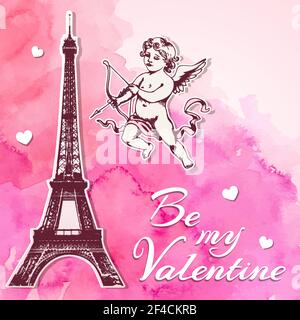 Rosa Aquarell vintage Valentine Hintergrund mit papercut Eiffelturm und Amor. Hand Vector Illustration gezeichnet. Stock Vektor