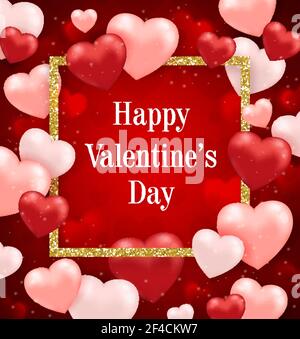 Dekorative festliche Hintergrund für Valentine&rsquo;s Tag mit roten und rosa Herz Ballons und golden glitzernden Rahmen. Vektorgrafik. Stock Vektor