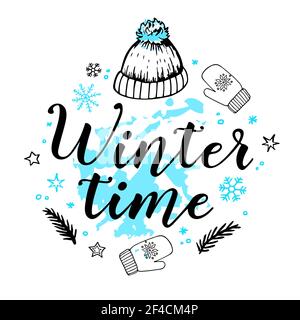 Hand gezeichnet Urlaub neues Jahr Hintergrund mit Schneeflocken, Hut und Text. Winter-Schriftzug. Vector Illustration. Stock Vektor