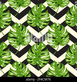 Tropische nahtlose Muster mit grünen Palmenblättern und Schwarz srtips. Vintage vector Hintergrund dargestellt. Stock Vektor