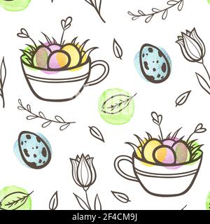 Hand gezeichnet doodle Ostern nahtlose Muster mit Eiern und Blüten auf einem weißen Hintergrund. Vector Illustration. Stock Vektor