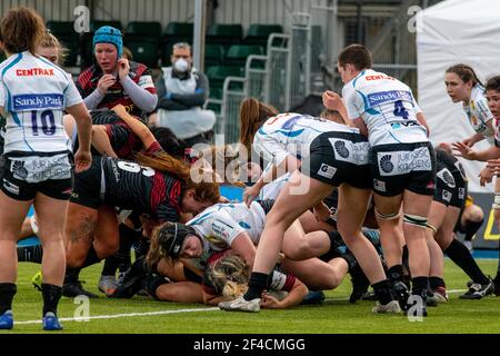 London, Großbritannien. März 2021, 20th. Vicky Fleetwood (#7 Saracens Women) erhält Bonuspunkte Versuch 25:21 während des Allianz Premier 15s Spiels zwischen Saracens Women und Exeter Chiefs Women im StoneX Stadium in London, England. Kredit: SPP Sport Presse Foto. /Alamy Live Nachrichten Stockfoto