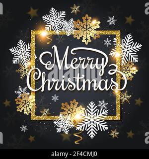 Weihnachtsbanner mit weißen und goldenen Schneeflocken in goldenem Glitzerrahmen auf schwarzem Hintergrund. Design für neue Jahr Grußkarte. Vektorgrafik Stock Vektor