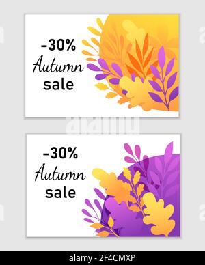 Abstrakte Herbst Hintergründe für saisonale Verkauf. Orangefarbene und violette Herbstetiketten mit dekorativen Zweigen und Eichenblättern. Vektorgrafik Stock Vektor