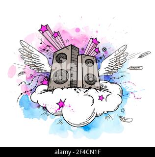 Musik-Vektor-Hintergrund mit Lautsprechern und Aquarell-Textur Stock Vektor