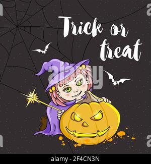 Halloween Grußkarten mit niedlichen kleinen Mädchen in der Hexe Kostüm. Trick oder Festlichkeit Schriftzug. Hand Vector Illustration gezeichnet. Stock Vektor