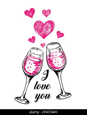Valentinstag Grusskarten mit zwei Gläsern Rotwein und Herzen auf einem weißen Hintergrund. Hand Vector Illustration gezeichnet Stock Vektor