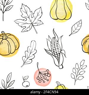 Herbst Doodle nahtlose Muster mit Kürbissen und Blättern auf weißem Hintergrund. Handgezeichnete Vektorgrafik mit Aquarellelementen. Stock Vektor