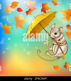 Niedliche kleine Maus fliegt auf einem Regenschirm mit Ahornblättern. Vektorhintergrund Herbst Stock Vektor