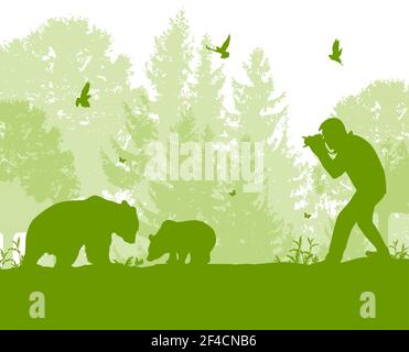 Der Mann fotos Bären im Wald. Naturschutz und Ökologie Konzept. Vector Illustration Stock Vektor