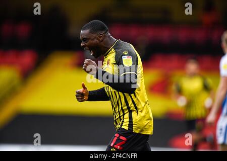 Vicarage Road, Watford, Hertfordshire, Großbritannien. März 2021, 20th. English Football League Championship Football, Watford gegen Birmingham City; Ken Sema von Watford kehrt in der Feier ab, als er das Eröffnungtor erzielt. Kredit: Aktion Plus Sport/Alamy Live Nachrichten Stockfoto