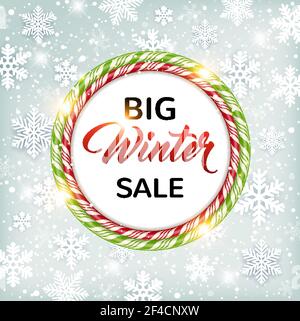 Weihnachten und Ney Jahr Grußkarte mit grünen und roten runden süßen Bonbon-Rahmen. Saisonale Winter Verkauf Hintergrund. Vektorgrafik Stock Vektor
