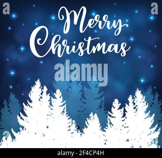 Weihnachten Vektor Hintergrund mit Nacht Winter verschneite Landschaft. Neujahrskarte mit Tannenbaum. Stock Vektor