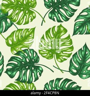 Tropisches Nahtloses Muster mit grünen Palmenblättern. Handgezeichneter Vintage Vektor Hintergrund. Stock Vektor