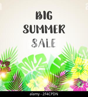 Abstrakte Sommer tropischen Hintergrund für saisonale Verkauf mit Blumen und Palmen. Vector Illustration Stock Vektor