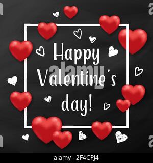 Feiertagshintergrund mit roten Herzen und weißem Rahmen auf einer schwarzen Kreidetafel. Grußkarte zum Valentinstag. Vektorgrafik. Stock Vektor