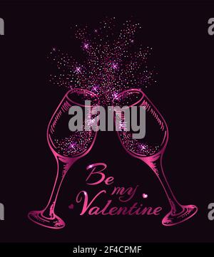 Valentinstag Grußkarten mit zwei rosafarbene funkelnde Gläser Champagner auf schwarzem Hintergrund. Vector Illustration Stock Vektor