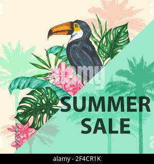 Tropischen Hintergrund mit grünen Palmen Blätter, Blüten und toucan. Design für saisonale Summer Sale. Hand Vector Illustration gezeichnet Stock Vektor