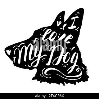 Silhouette von Schäferhund auf einem weißen Hintergrund. Handgezeichnete Vektorgrafik. Ich liebe meinen Hundelettering Stock Vektor