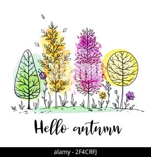 Herbst Naturlandschaft mit gelben, grünen und roten Aquarellbäumen auf weißem Hintergrund. Handgezeichnete Vektorgrafik. Stock Vektor