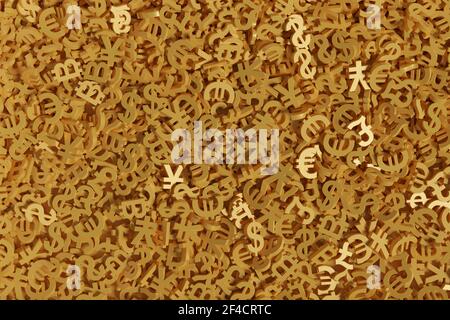 Goldene Zeichen der Weltwährungen in drei Dimensionen Hintergrund. 3D Abbildung. Stockfoto