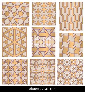 Satz dekorativer abstrakter geometrischer nahtloser Muster. Traditionell orientalischer Zierhintergrund. Vektorgrafiken. Stock Vektor