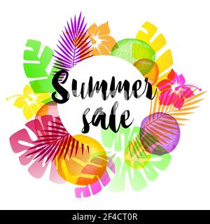 Abstrakte Sommer tropischen Hintergrund für saisonale Verkauf mit Blumen, Palmen und Aquarell blobs. Vector Illustration Stock Vektor