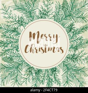 Vintage Weihnachten Grußkarten mit grünen Tannenzweigen. Dekorativer Hintergrund für Weihnachten und das neue Jahr. Hand Vector Illustration gezeichnet. Stock Vektor