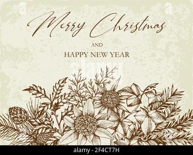 Vintage Weihnachten Grußkarten mit immergrünen Pflanzen und Blumen. Dekorativer Hintergrund für Weihnachten und das neue Jahr. Hand Vector Illustration gezeichnet. Stock Vektor