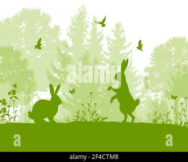 Grüne Natur Landschaft mit Silhouetten von zwei Kaninchen, Baum und Vögel. Vector Illustration Stock Vektor