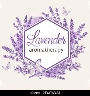 Vintage floralen Rahmen mit Lavendel Blumen und Schmetterlinge. Spa und Aromatherapie Zutaten. Handgezeichneter Vektorhintergrund. Stock Vektor