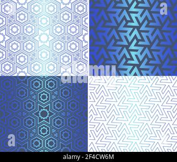 Set aus traditionellen orientalischen geometrischen nahtlosen Mustern. Dekorative blaue Hintergründe. Vektorgrafik. Stock Vektor