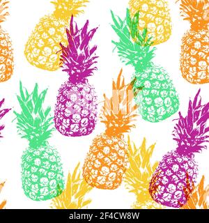 Tropische Vektor nahtlose Muster mit Ananas auf einem weißen Hintergrund. Retro Stil mit leuchtenden Farben. Stock Vektor