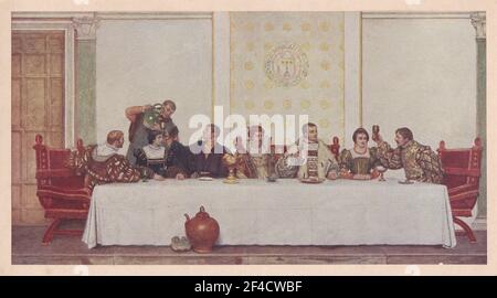 Lorenzo, Jessica, Antonio, Portia, Bassanio, Nerissa und Gratiano 'das Hochzeitsfest' - der Kaufmann von Venedig Stockfoto