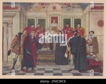 Shylock, Portia, Bassanio, Antonio, Gratiano und Nerissa "in welcher Zwangslage, sage ich, du stehst'st" - der Kaufmann von Venedig Stockfoto