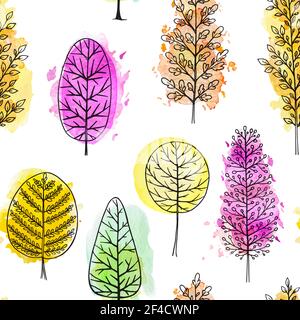 Herbst nahtloses Muster mit roten und orangen Aquarellbäumen auf weißem Hintergrund. Handgezeichnete Vektorgrafik Stock Vektor