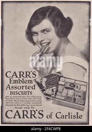 Vintage-Werbung für Carr's of Carlisle - Carr's Emblem verschiedene Kekse. Stockfoto