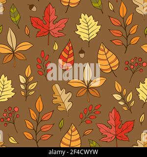 Herbst doodle nahtlose Muster mit fallenden Blätter auf einem braunen Hintergrund. Hand Vector Illustration gezeichnet Stock Vektor
