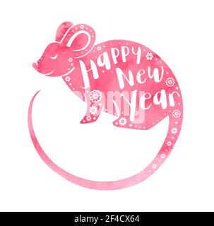Niedliche Ratte Symbol des chinesischen Tierkreises für 2020 neues Jahr. Rosa Aquarell Silhouette von Ratte und Schriftzug. Vektorgrafik Stock Vektor