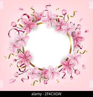 Dekorativer goldener runder Rahmen mit rosa Kirschblüten. Frühling floralen Hintergrund für saisonale Verkauf. Vektorgrafik. Stock Vektor